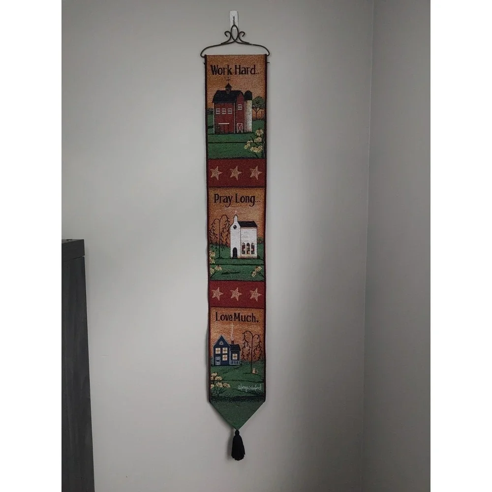 Work Pray Love Rustic Country Tapestry Bell Pull Wall Hanging Americana Cottage